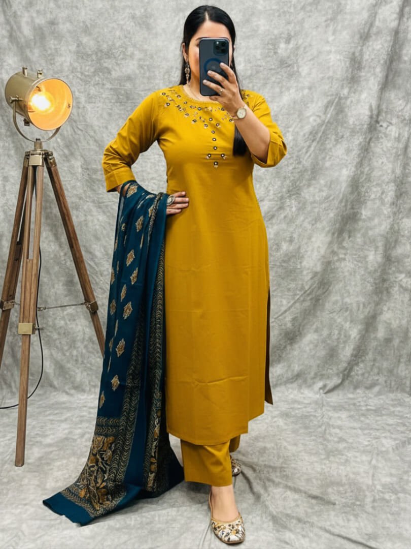 Get Ready to Shine with a Mustard Cotton Kurti, Pants, and Printed Mulmul Dupatta image 2