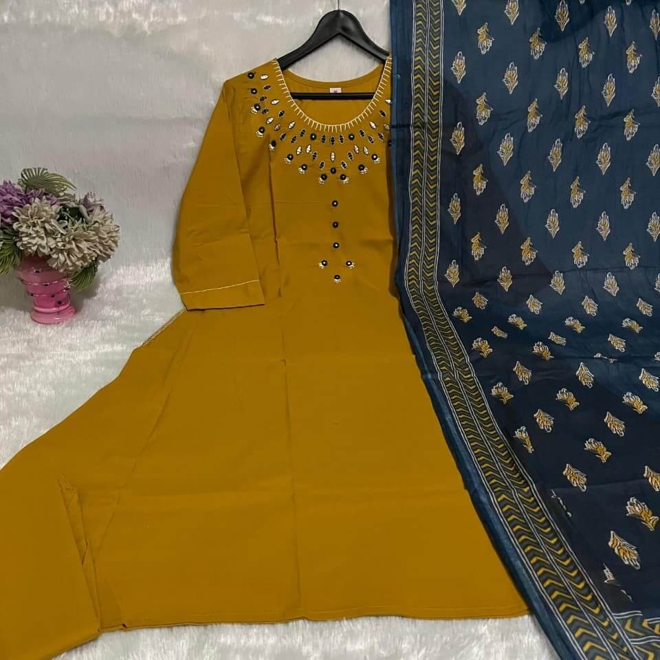 Get Ready to Shine with a Mustard Cotton Kurti, Pants, and Printed Mulmul Dupatta image 3