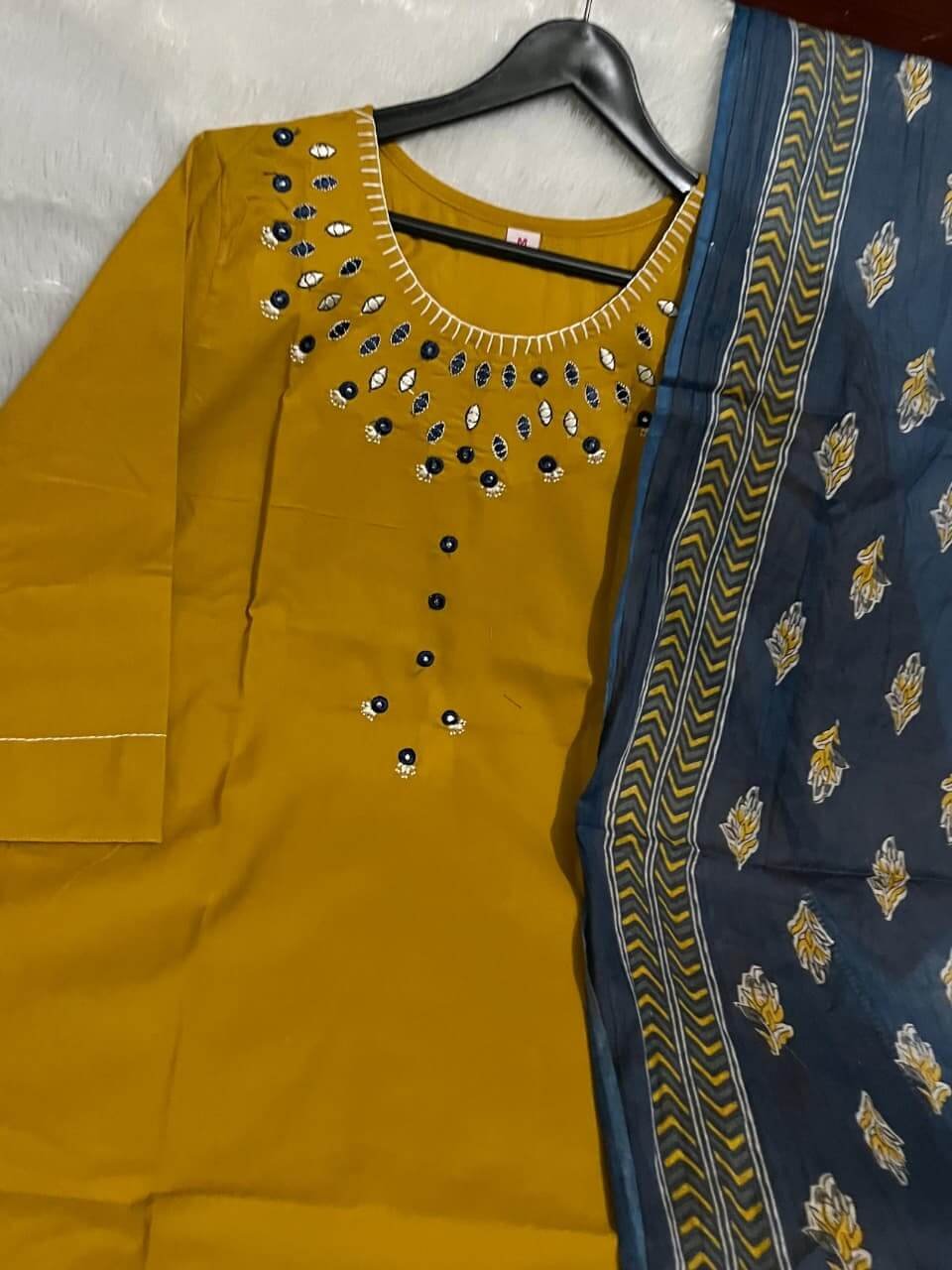 Get Ready to Shine with a Mustard Cotton Kurti, Pants, and Printed Mulmul Dupatta image 4