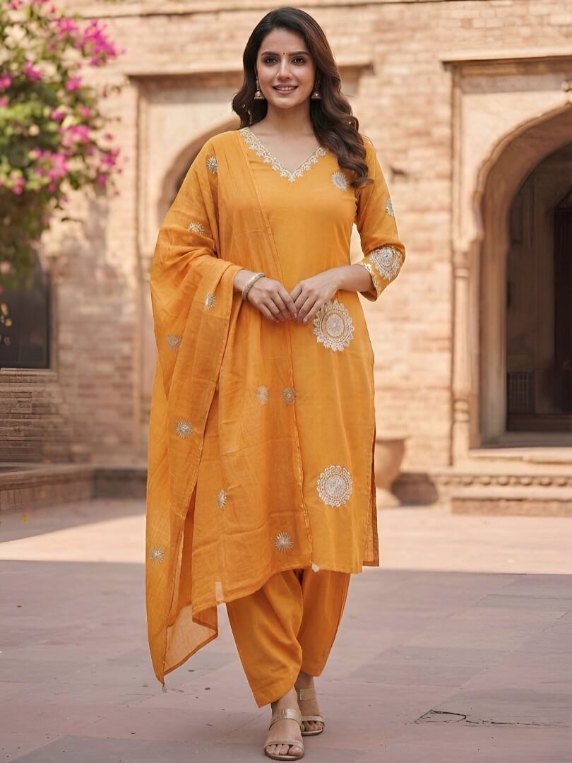 Add Shine to Your Style with a Yellow Cotton Kurta, Pants, and Dupatta Set with Embroidery