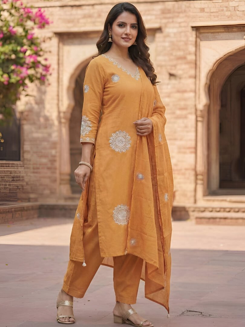 Add Shine to Your Style with a Yellow Cotton Kurta, Pants, and Dupatta Set with Embroidery image 2