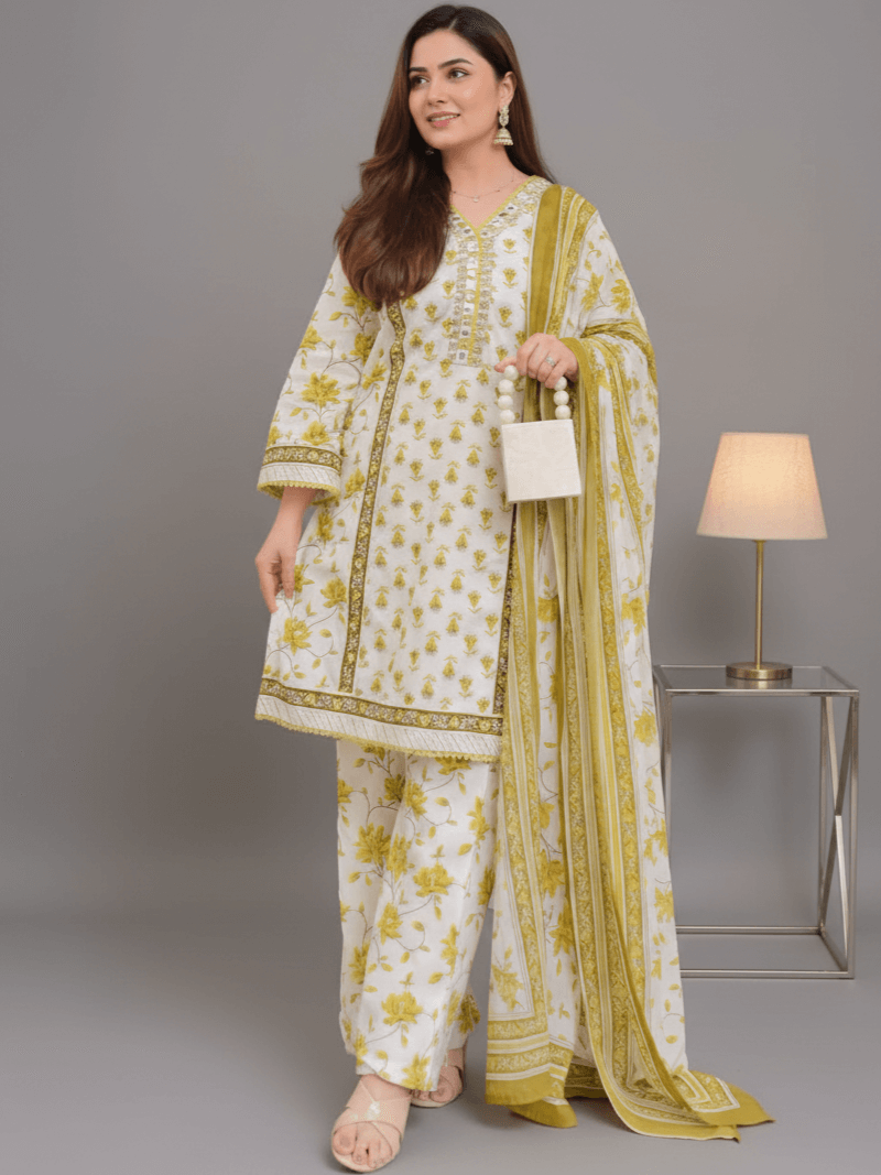 Look Stylish with a Yellow Floral Cotton Short Kurta, Pants, and Dupatta Set