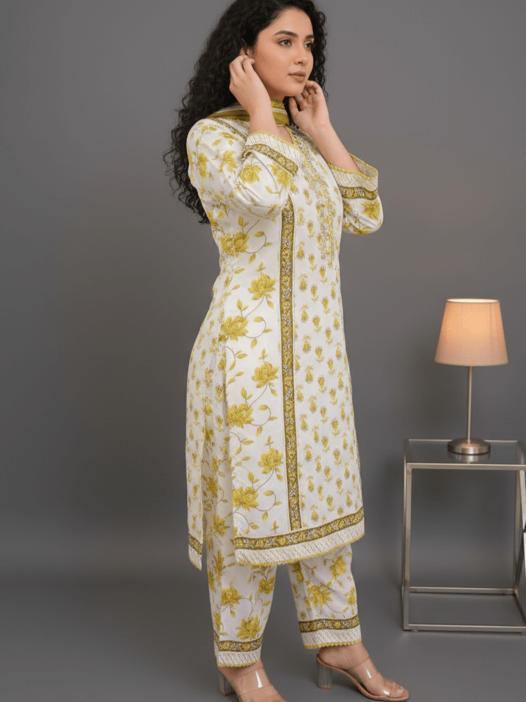 Look Stylish with a Yellow Floral Cotton Short Kurta, Pants, and Dupatta Set image 3