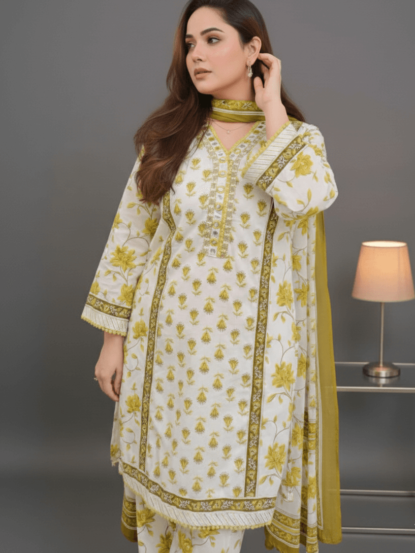 Look Stylish with a Yellow Floral Cotton Short Kurta, Pants, and Dupatta Set image 2