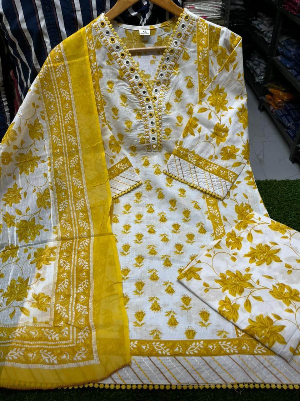 Look Stylish with a Yellow Floral Cotton Short Kurta, Pants, and Dupatta Set image 4