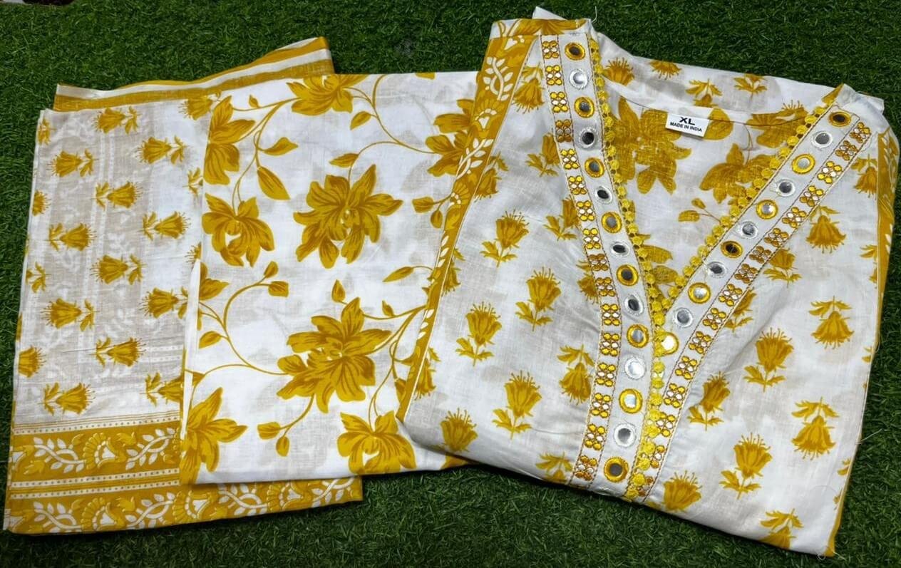 Look Stylish with a Yellow Floral Cotton Short Kurta, Pants, and Dupatta Set image 5