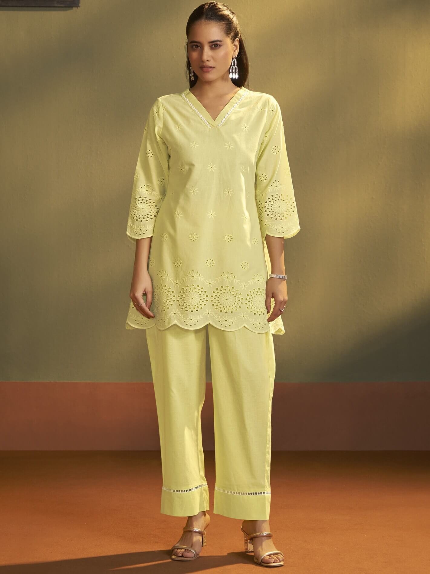 Brighten Your Look with the Yellow Schiffli Pure Cotton Co-Ord Set