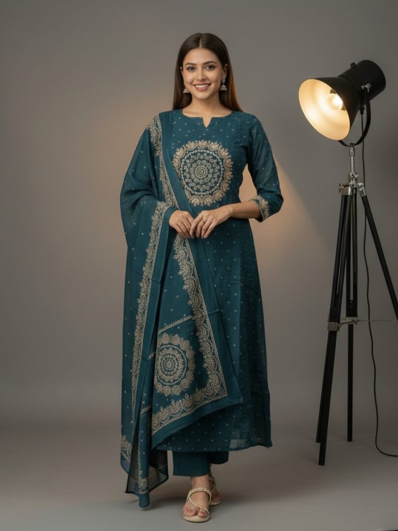 Experience elegance with the Kerosine Blue Embroidered Cotton Anarkali Kurta Set.