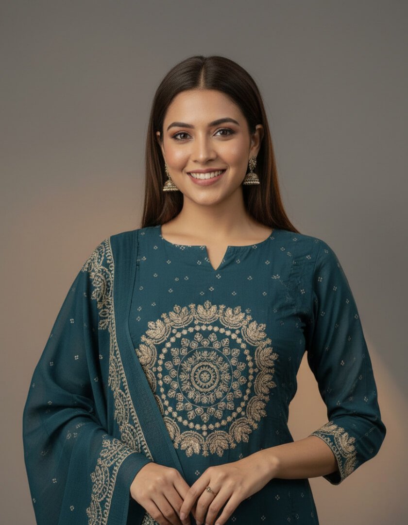 Experience elegance with the Kerosine Blue Embroidered Cotton Anarkali Kurta Set. image 2