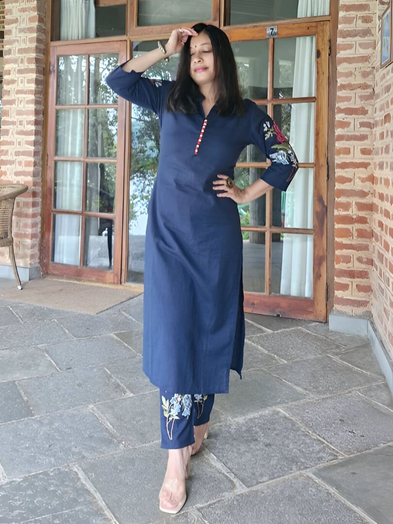 Get Ready to Shine with the Blue Cotton Embroidered Kurta and Pants Set image 2