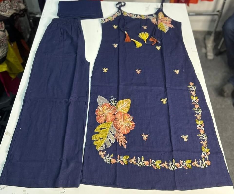Shine Bright with Blue Dori Style Cotton Slub Kurti and Pants Set image 3