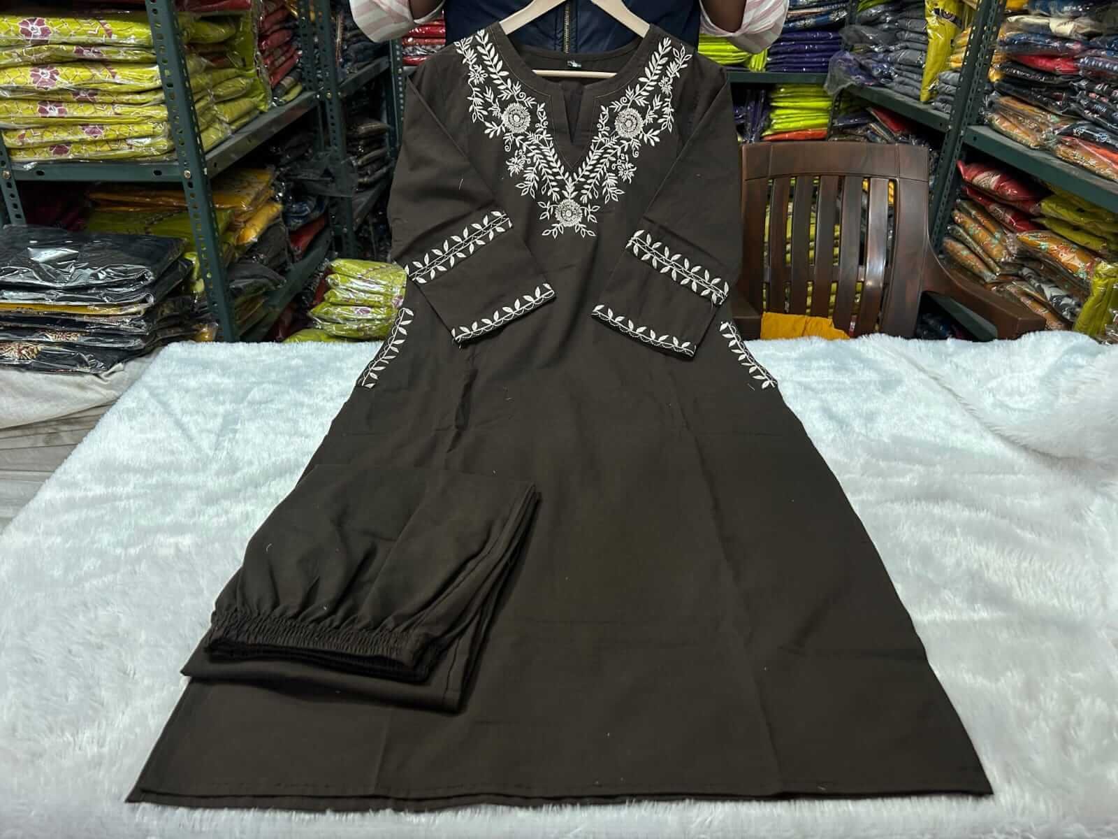 Stylish and Elegant Black Cotton Embroidered Suit Set image 4
