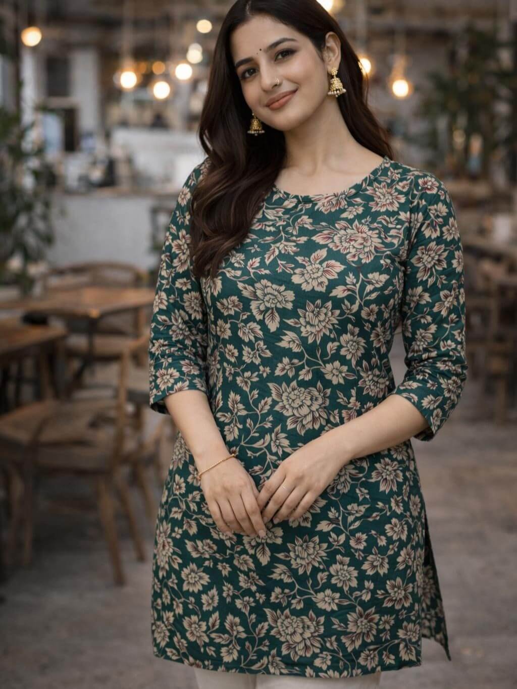 Look Stylish with a Green Floral Cotton Short Kurti