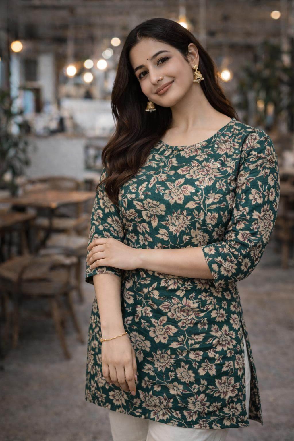 Look Stylish with a Green Floral Cotton Short Kurti image 2