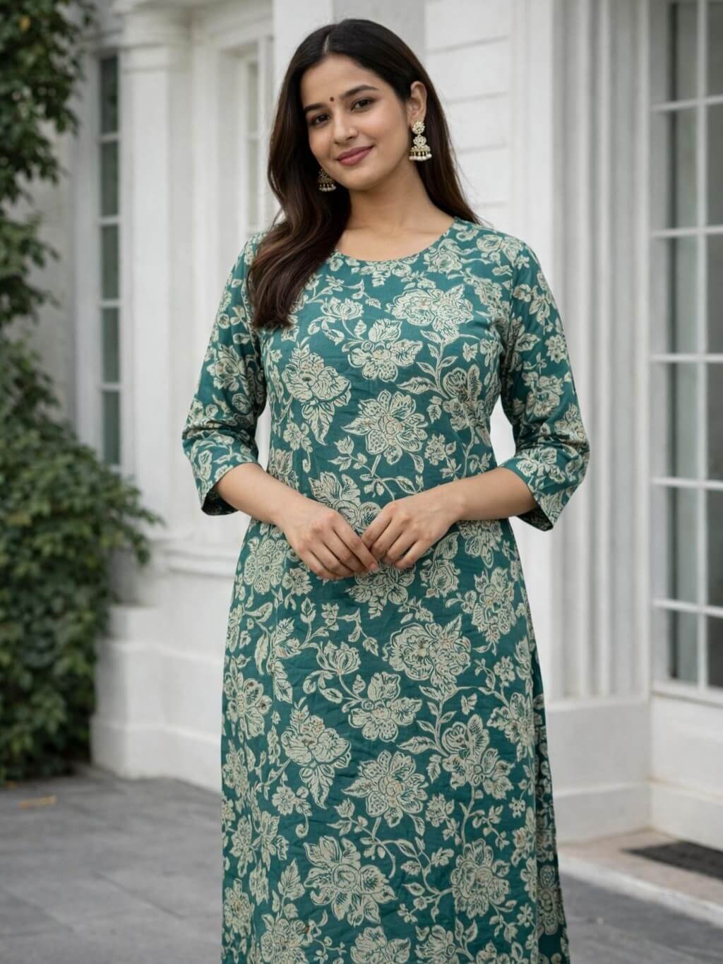 Stylish and Simple Green Floral Print Straight Cotton Kurta