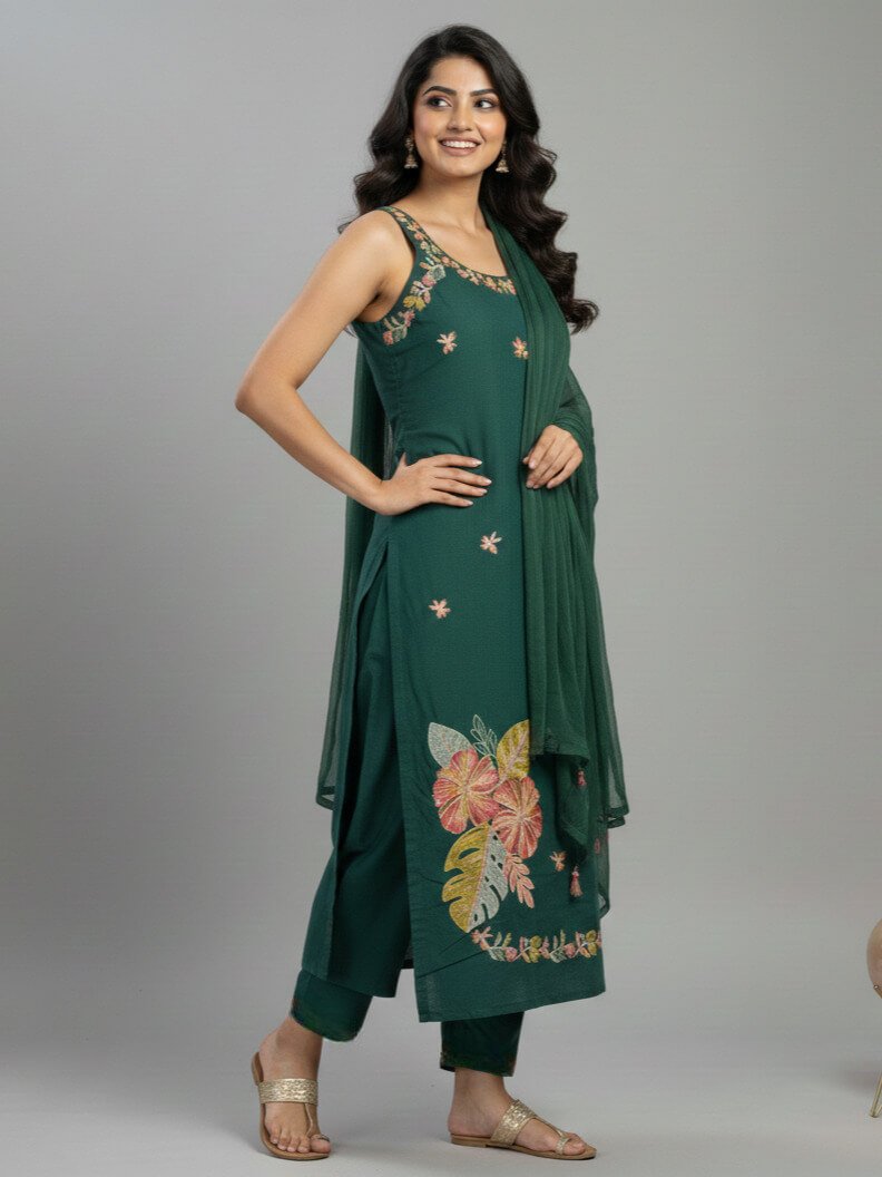 Brighten Your Look with the Green Dori Style Cotton Slub Kurti and Pant Set