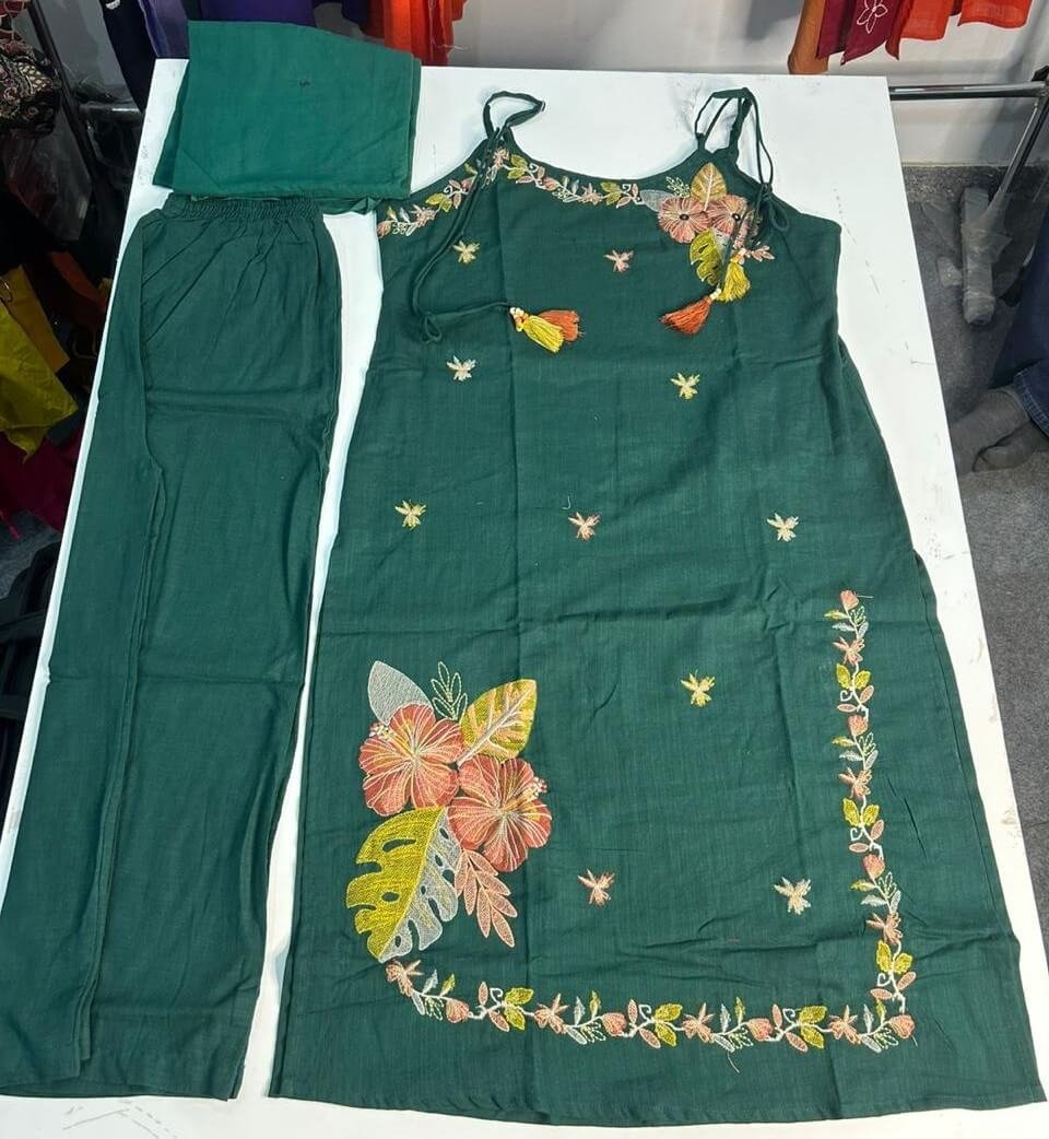 Brighten Your Look with the Green Dori Style Cotton Slub Kurti and Pant Set image 3