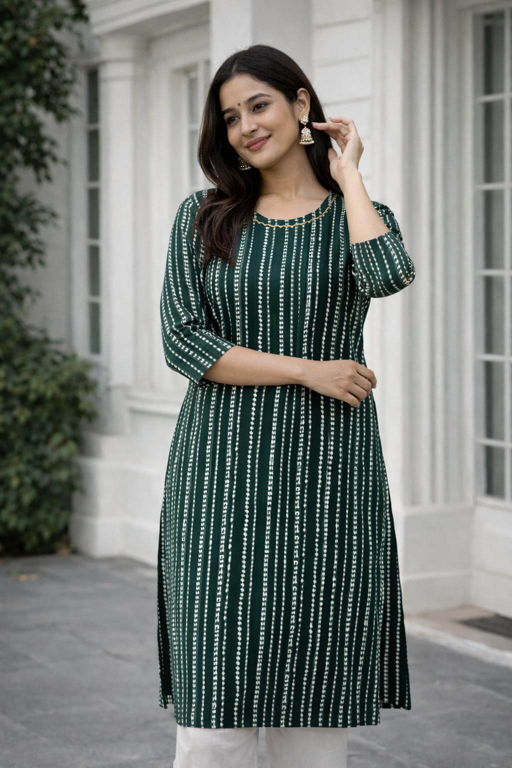 Stylish and simple green cotton straight kurta with print image 2