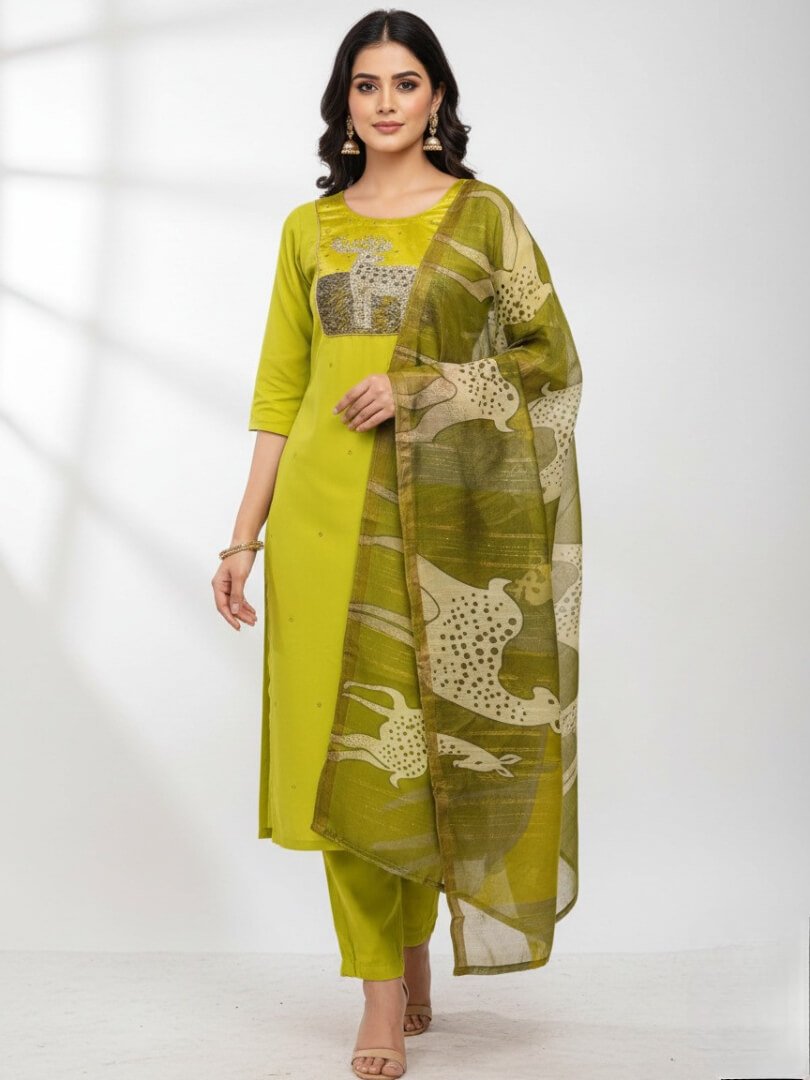 Upgrade your style with the Green Roman Silk Kurta and Pant Set, paired with a Zari Weaving Dupatta.