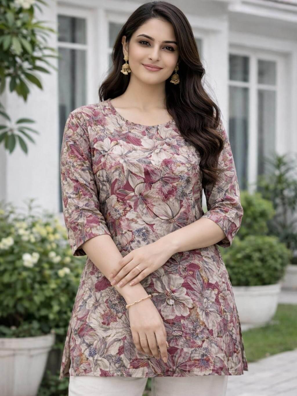 Brighten Your Look with a Maroon Muslin Printed Short Kurti