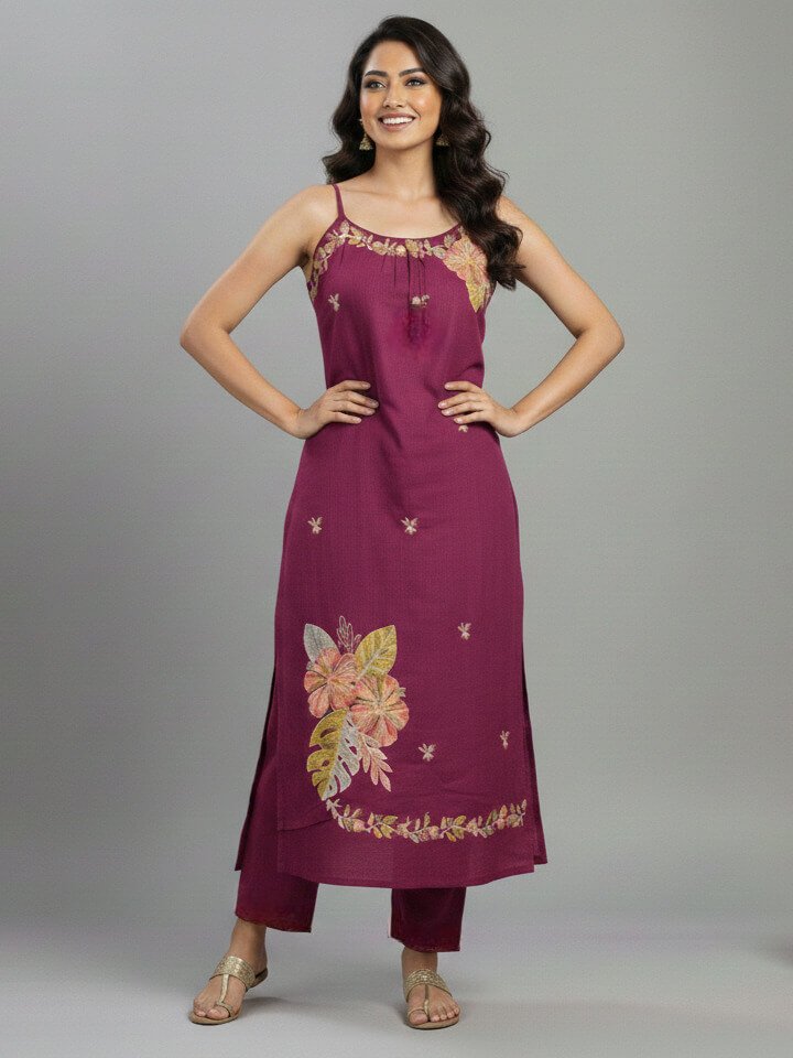 Look Stylish with the Maroon Dori Style Cotton Slub Kurti and Pant Set image 2