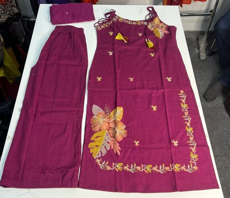 Look Stylish with the Maroon Dori Style Cotton Slub Kurti and Pant Set image 3