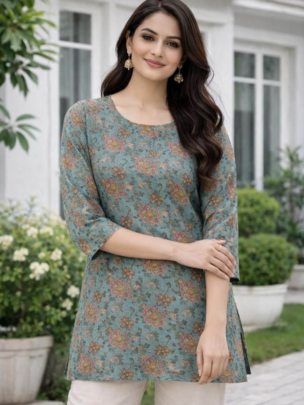 Shine in Style with a Blue Floral Printed Short Kurti