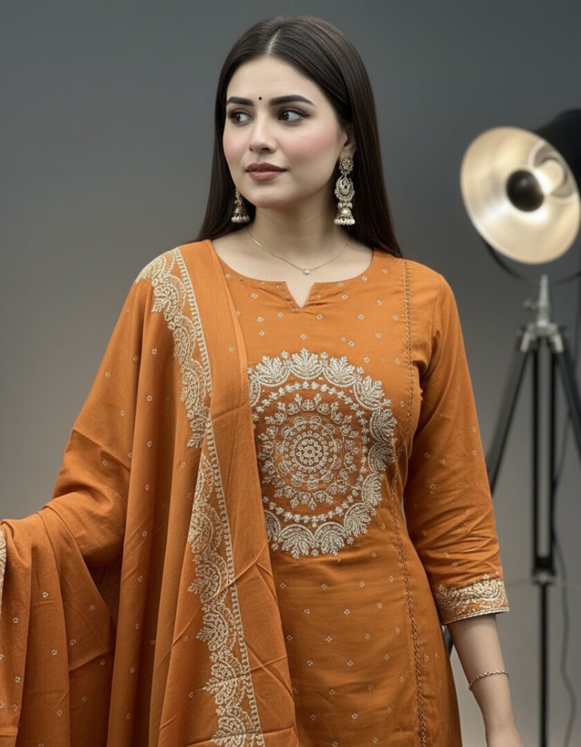 Get Ready to Shine with the Orange Cotton Anarkali Kurta Set with Embroidery image 2