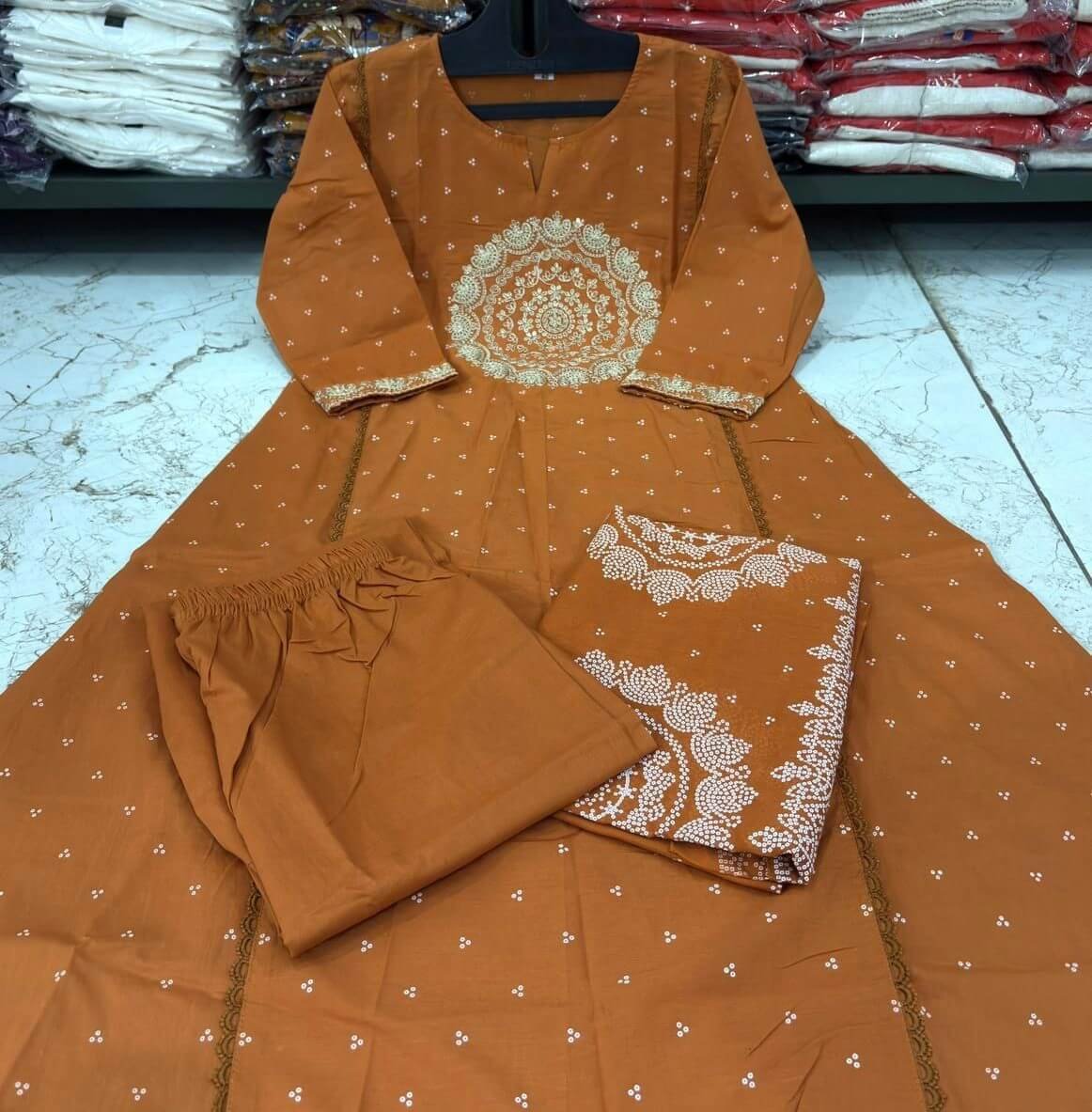 Get Ready to Shine with the Orange Cotton Anarkali Kurta Set with Embroidery image 3