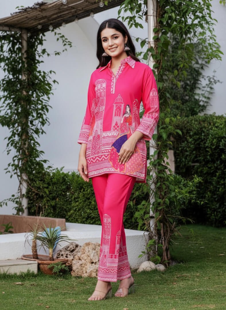 Shine in Style with a Pink Abstract Printed Muslin Silk Two-Piece Set
