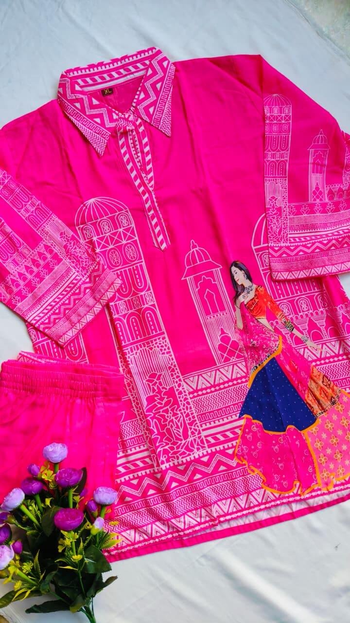 Shine in Style with a Pink Abstract Printed Muslin Silk Two-Piece Set image 3