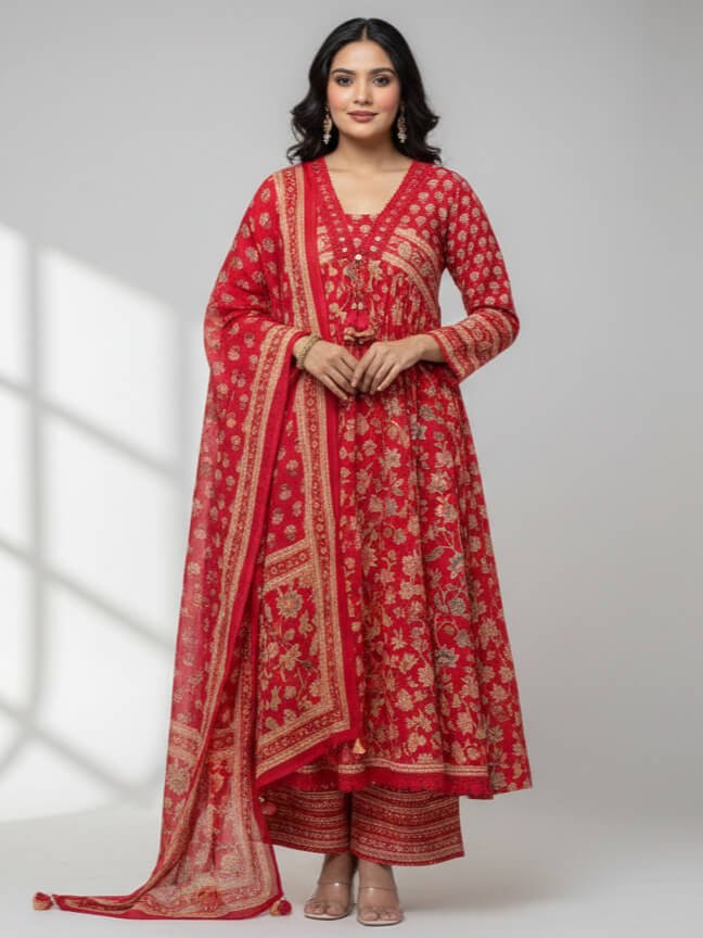 Wear Elegance with a Red Cotton Kurta and Palazzo Set with Floral Print
