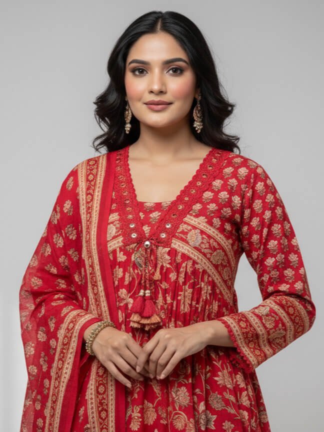 Wear Elegance with a Red Cotton Kurta and Palazzo Set with Floral Print image 2