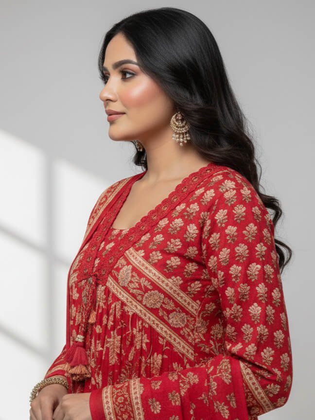Wear Elegance with a Red Cotton Kurta and Palazzo Set with Floral Print image 3