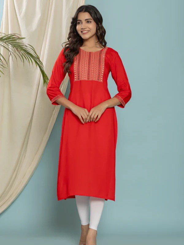 Add a touch of glam with a red embroidered rayon straight kurta.