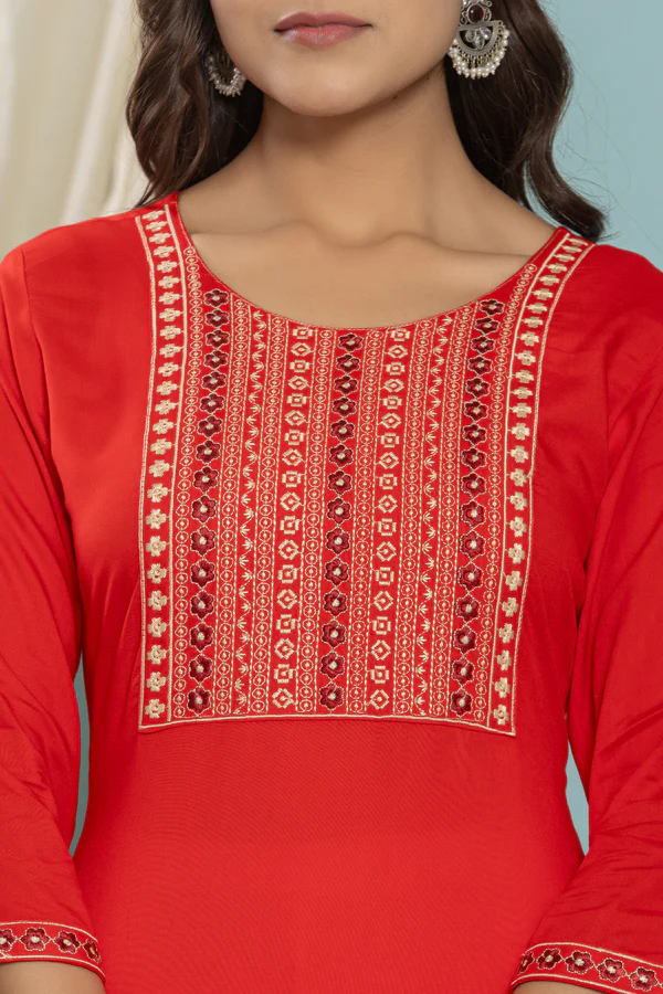 Add a touch of glam with a red embroidered rayon straight kurta. image 4