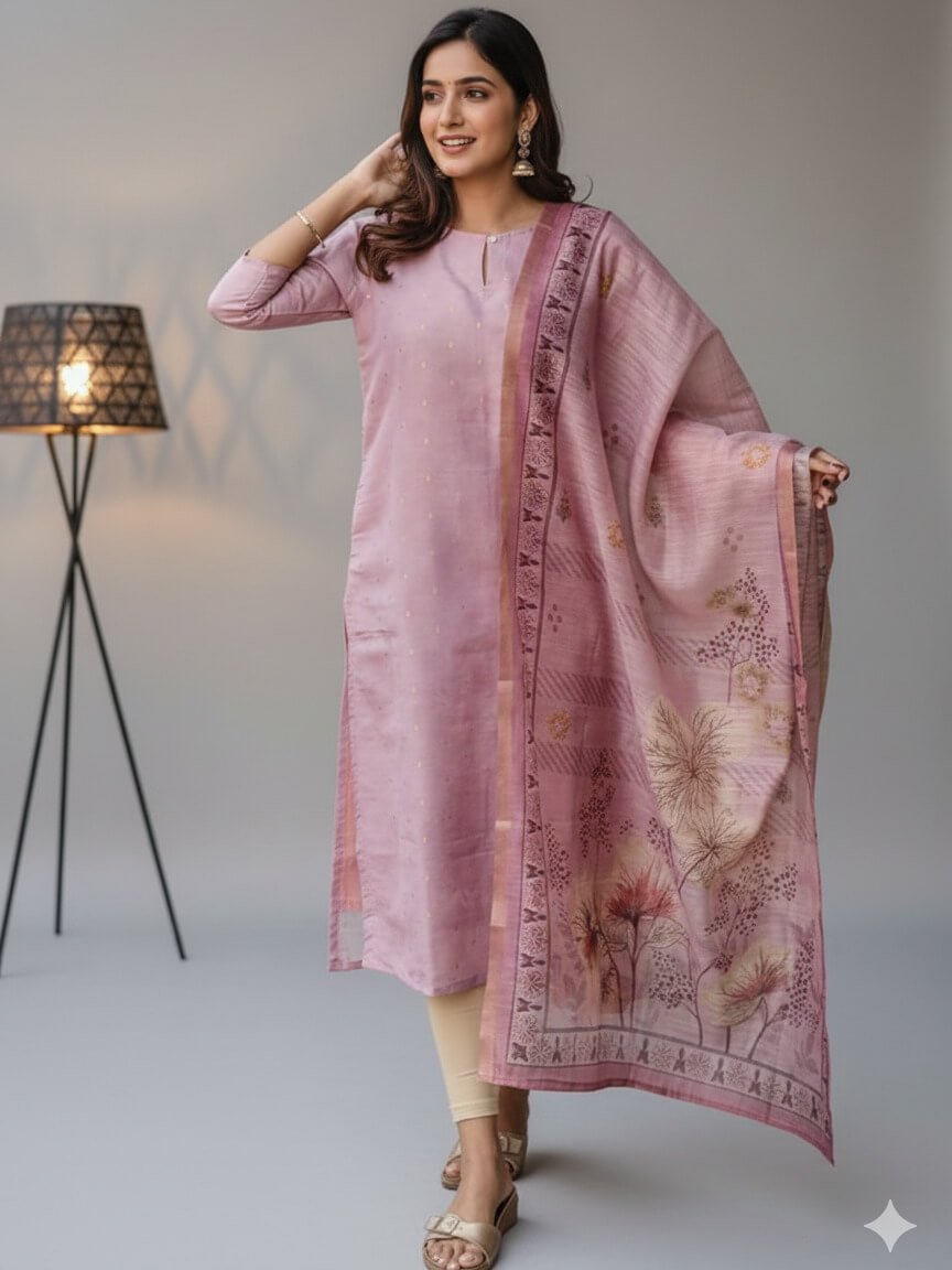 Add Shine to Your Style with a Pink Polka Dot Silk Kurta and Matching Dupatta