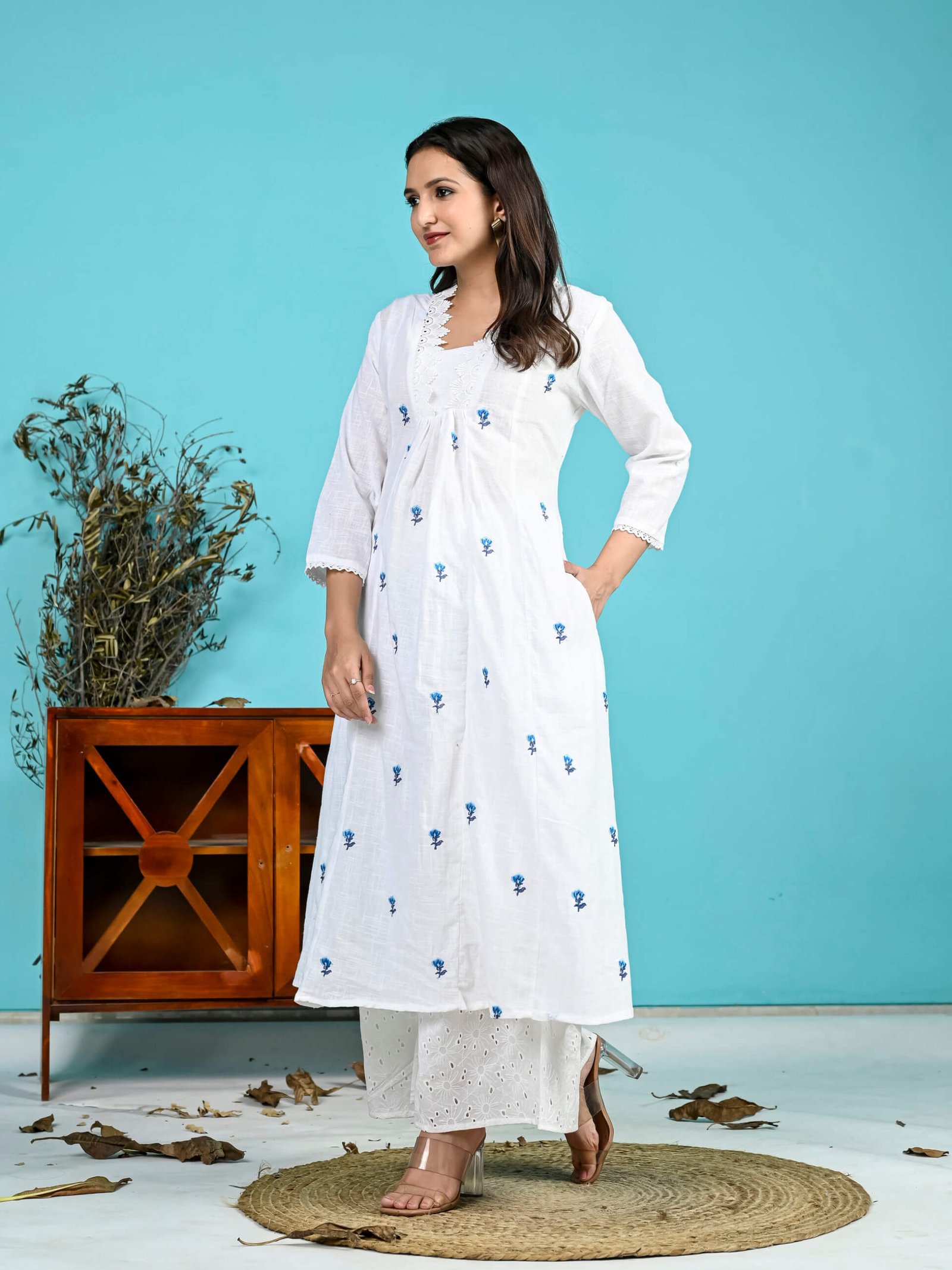 Stylish and Elegant White Cotton Kurta with Embroidery and Palazzo Set image 2