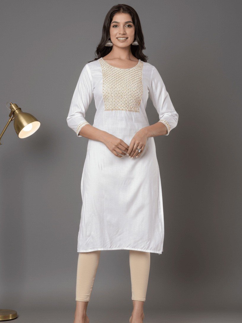Shine in Style with a White Embroidered Rayon Straight Kurta