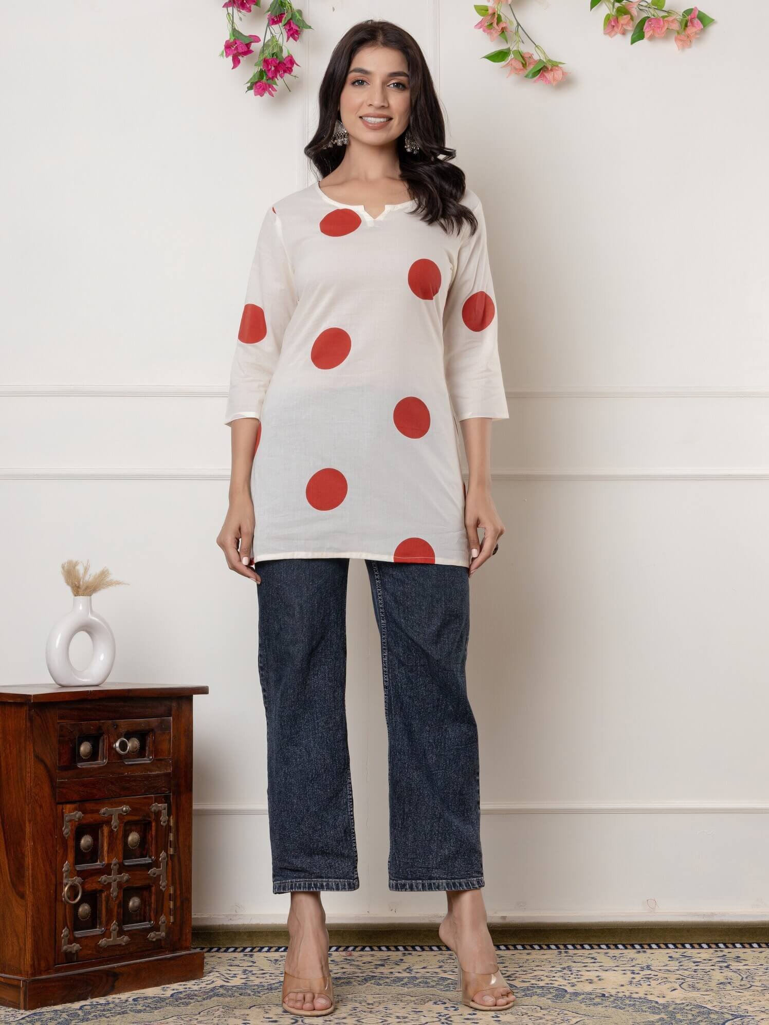 Time to Shine with a White Cotton Polka Dot Short Kurti