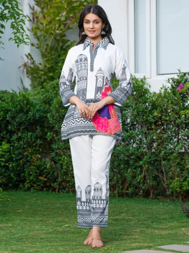 Look Stylish with a White Abstract Printed Muslin Silk Co-ord Set image 2