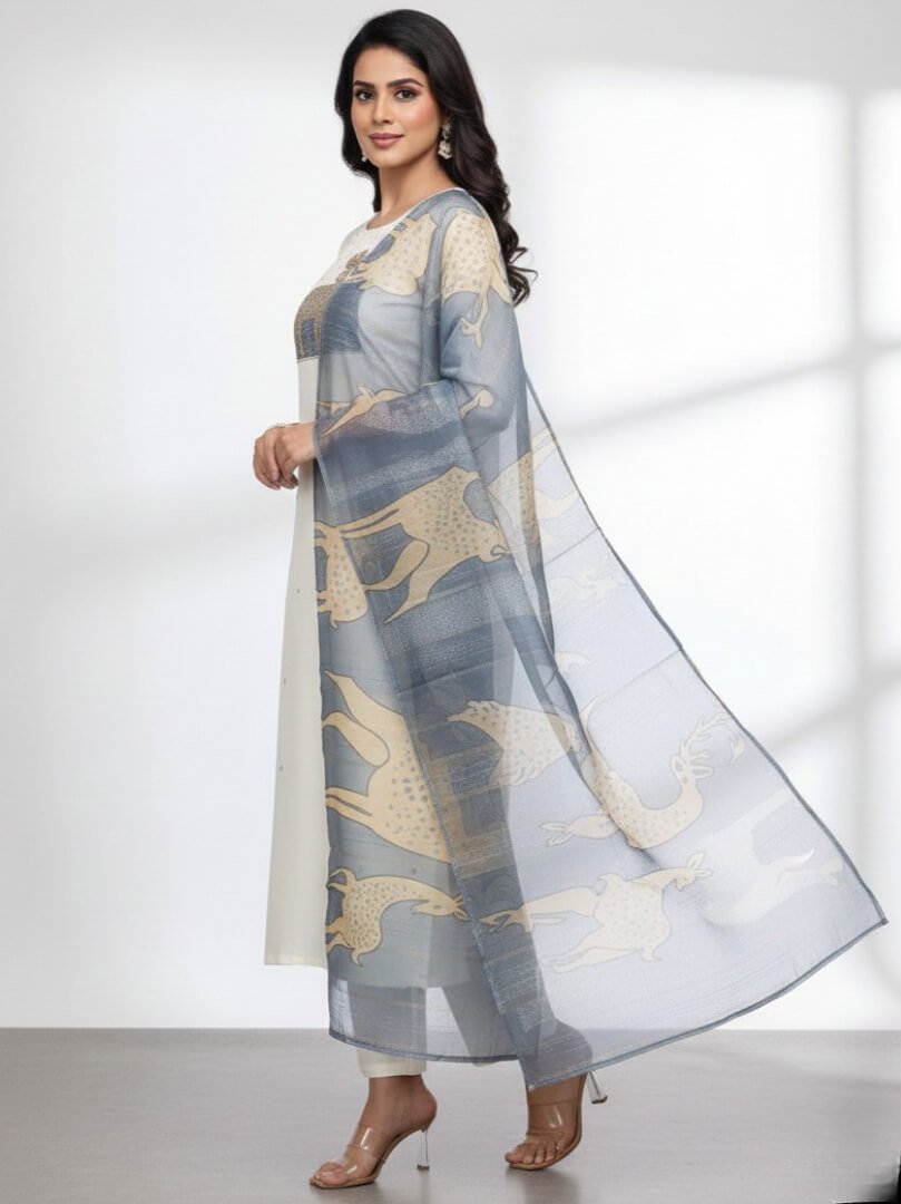 Shine in style with the White Roman Silk Kurta and Pant Set, featuring beautiful Zari weaving and a matching Zari weaving Dupatta. image 2