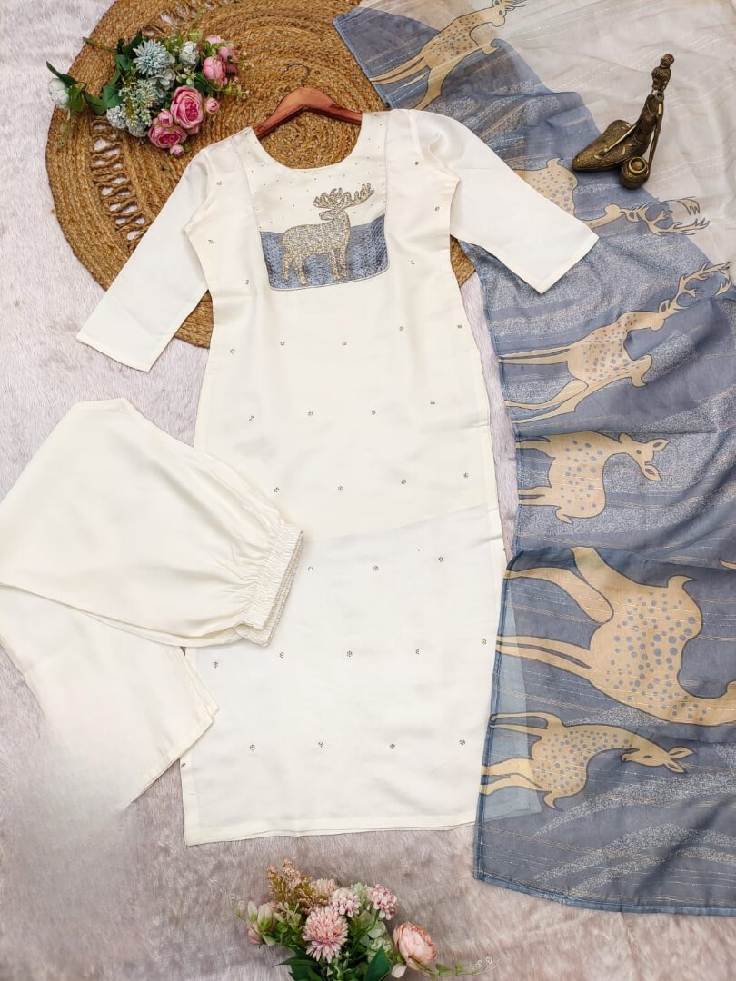 Shine in style with the White Roman Silk Kurta and Pant Set, featuring beautiful Zari weaving and a matching Zari weaving Dupatta. image 3