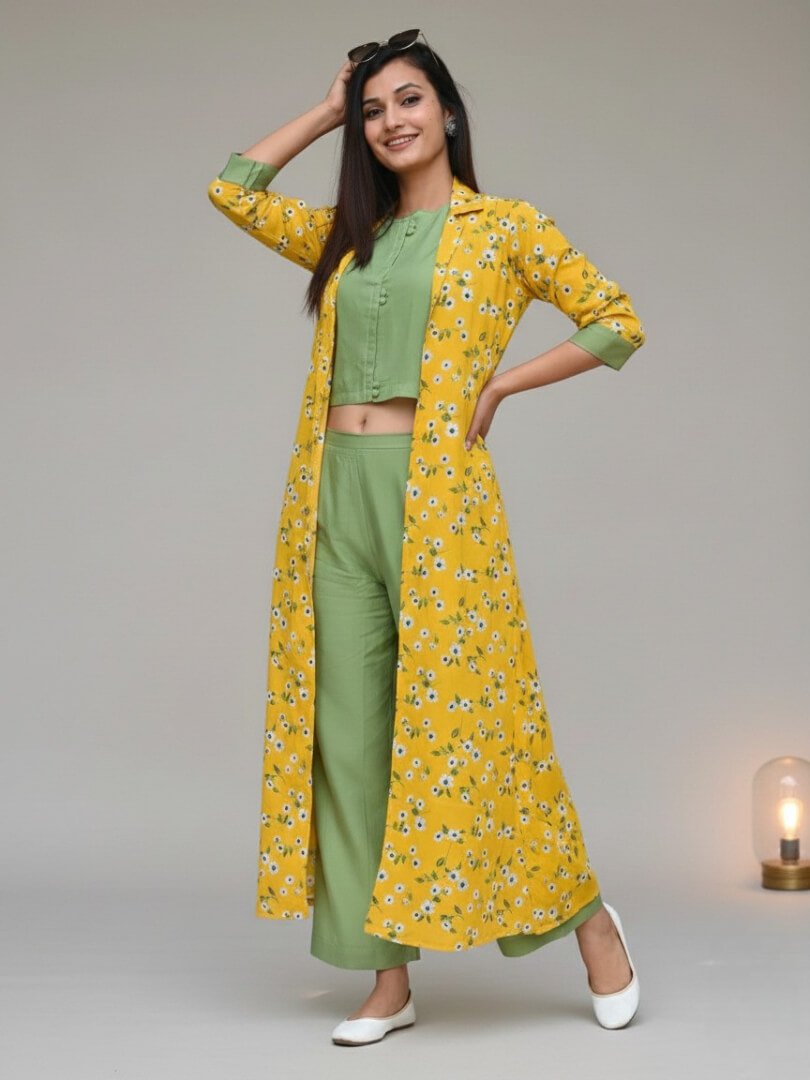 Shine Bright with a Yellow Floral Rayon Shrug and Indo-Western Top and Pants Set