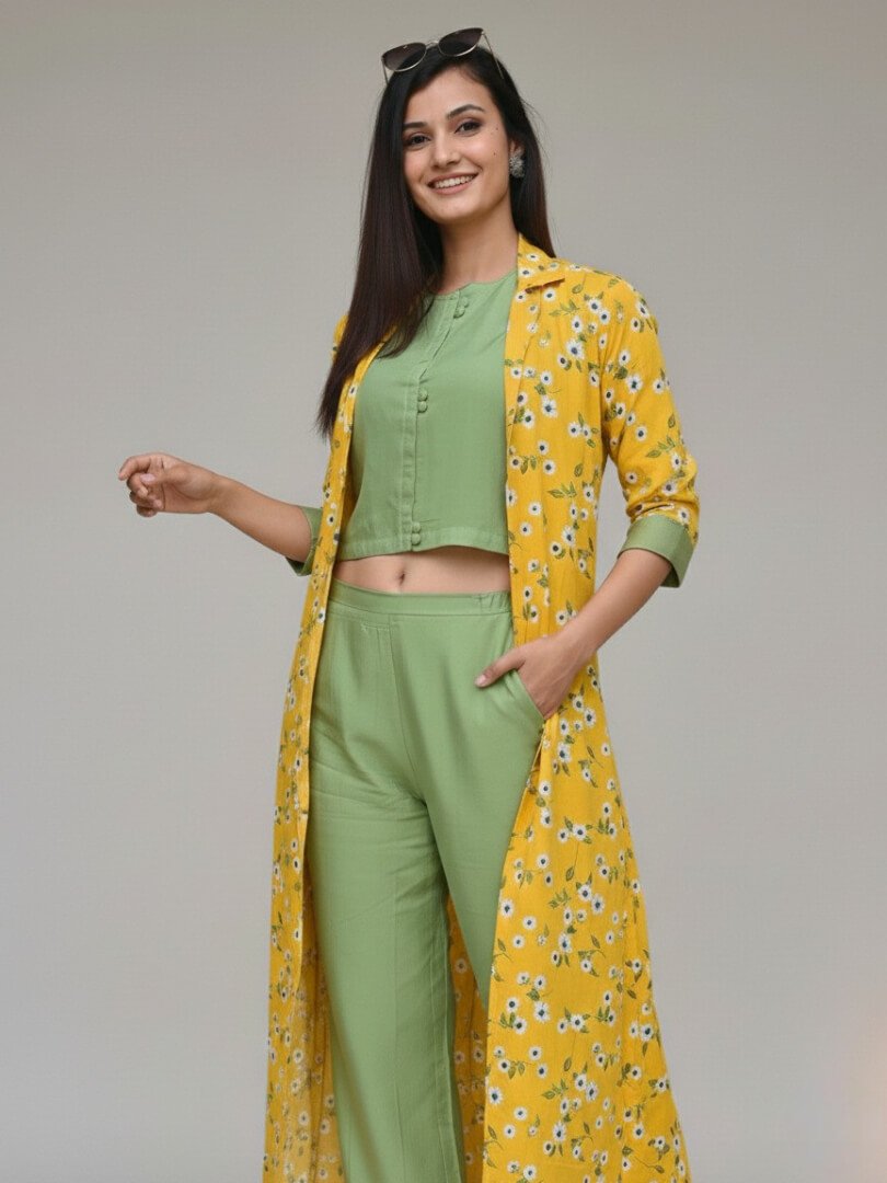 Shine Bright with a Yellow Floral Rayon Shrug and Indo-Western Top and Pants Set image 2