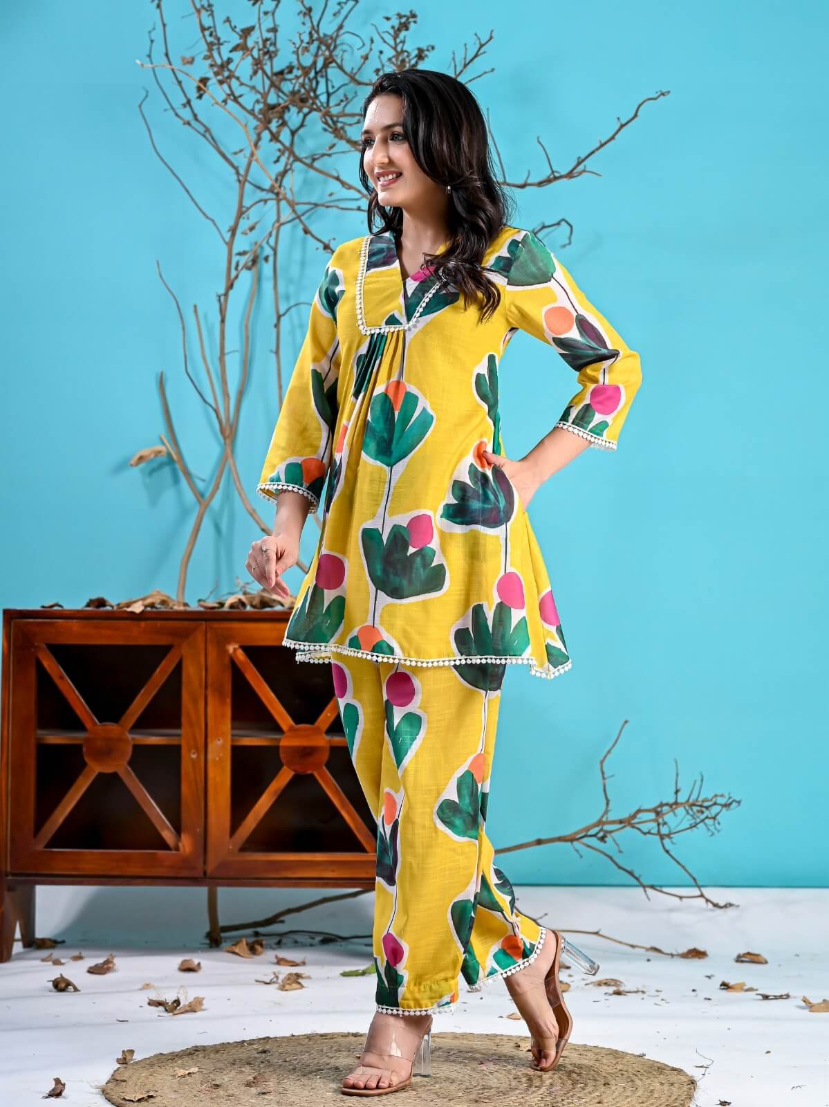 Look Stylish with a Yellow Floral Printed Cotton Outfit Set image 2