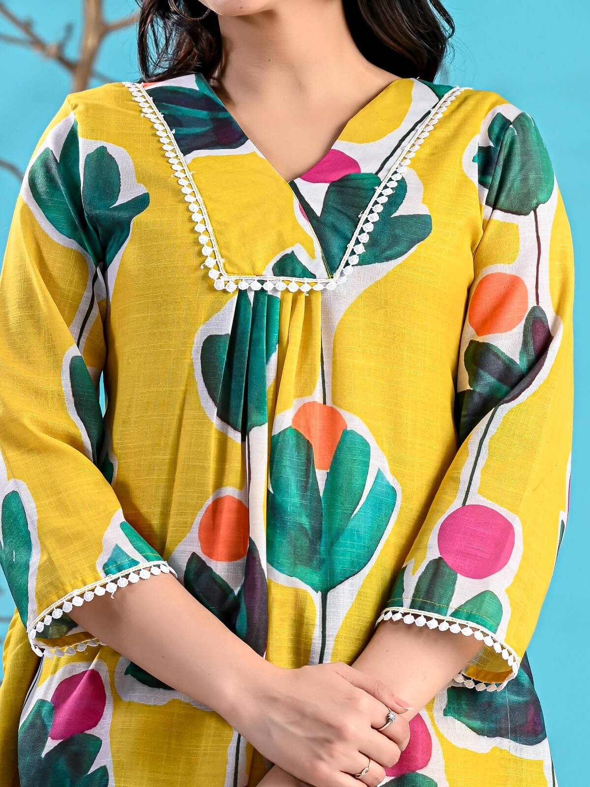 Look Stylish with a Yellow Floral Printed Cotton Outfit Set image 4