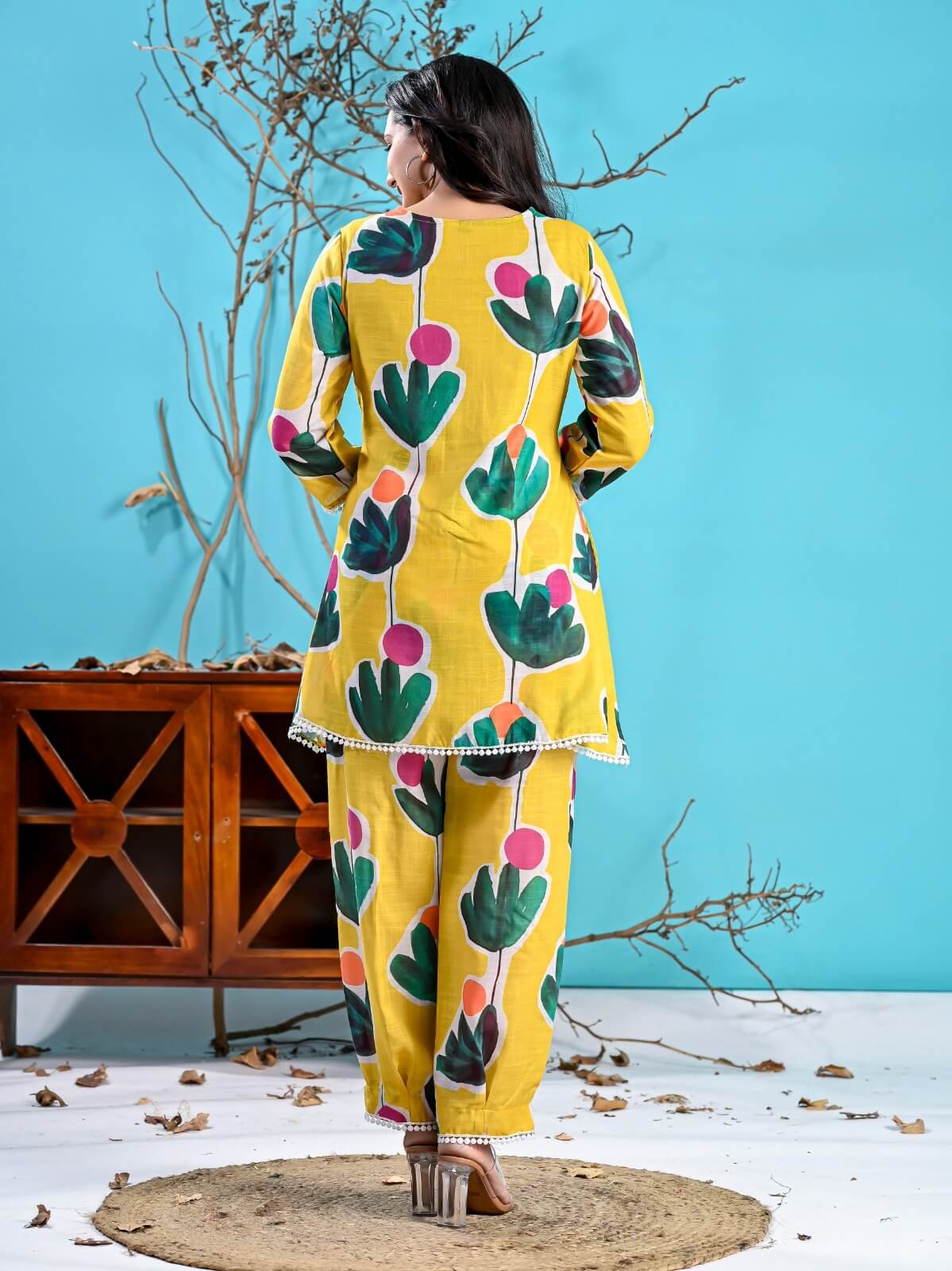 Look Stylish with a Yellow Floral Printed Cotton Outfit Set image 3