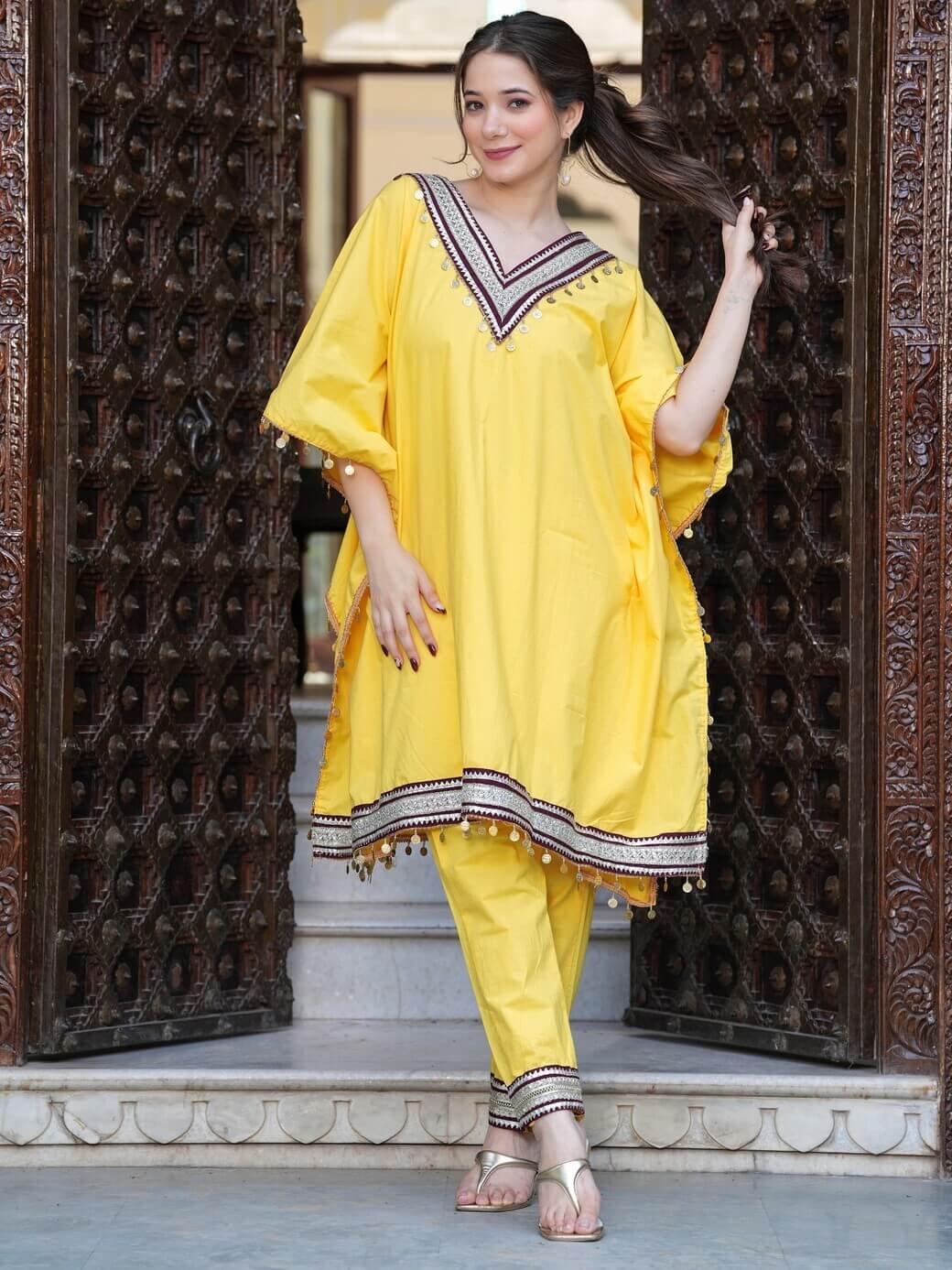Look Stylish in a Yellow Cotton Poplin Kaftan Set with Lace Details