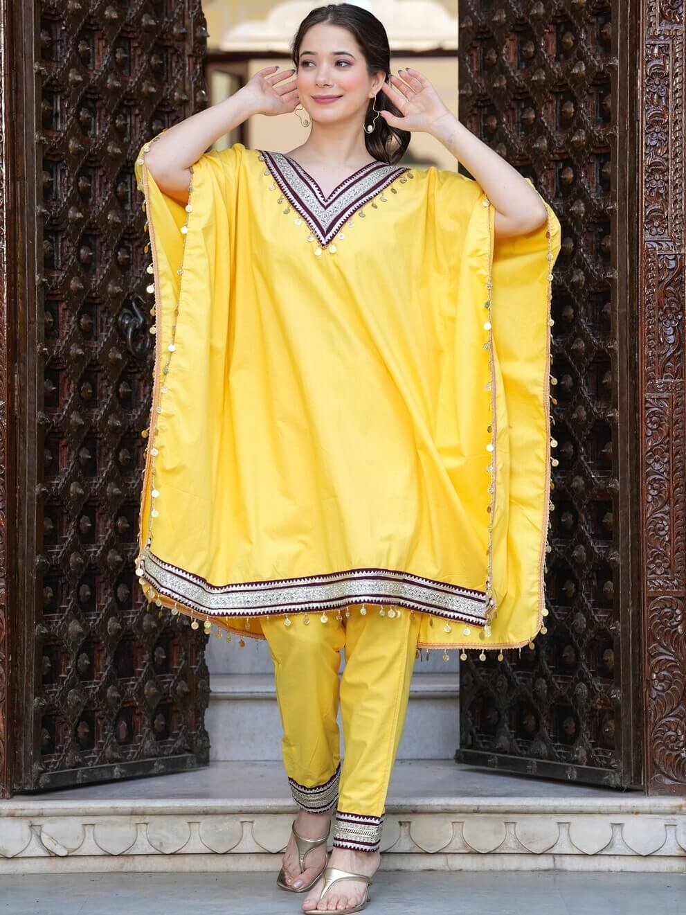 Look Stylish in a Yellow Cotton Poplin Kaftan Set with Lace Details image 2